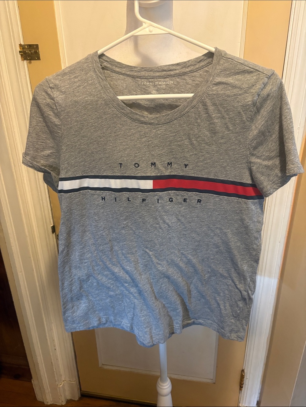 Tommy Hilfiger Gray Tee with Red, White & Navy Stripe
